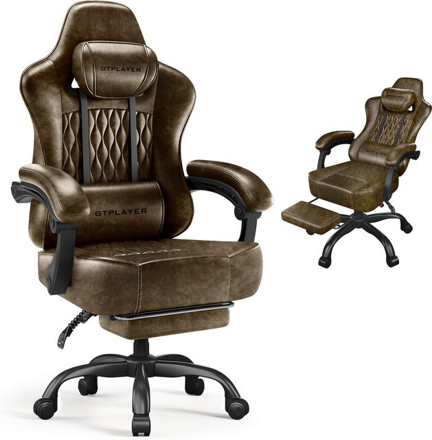 GTPLAYER Gamingstuhl aus Kunstleder in Schwarz oder Braun, ergonomischer Bürostuhl mit Kopfstütze, Armlehnen und Höhenverstellung - Bild 1