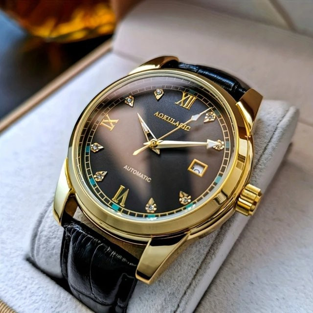 AOKULASIC Armbanduhr Herren, Automatik, Legierung, Leder, Blau, Datum - Bild 1