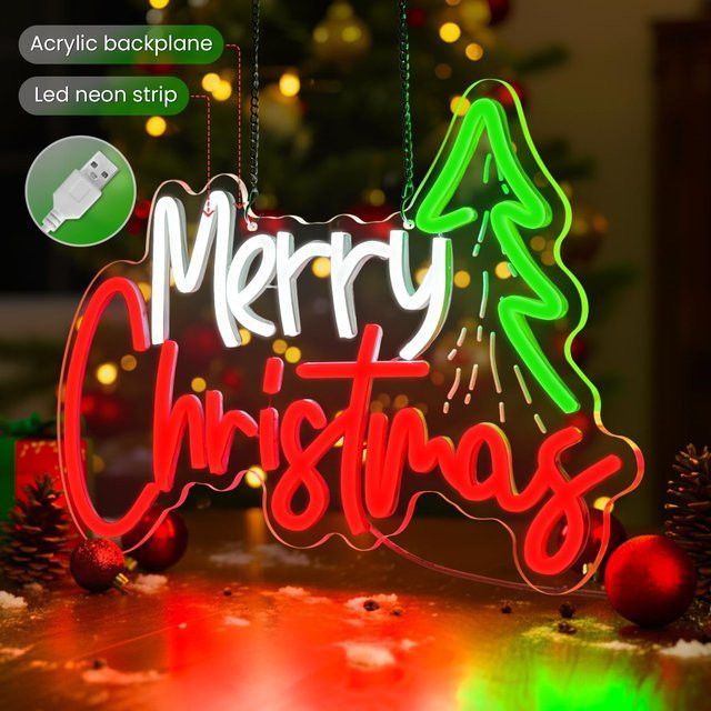 Wanxing Frohe Weihnachten Neonschild mit Weihnachtsbaum, USB-betrieben, Leuchtende Wanddekoration für Zuhause und Party - Bild 1
