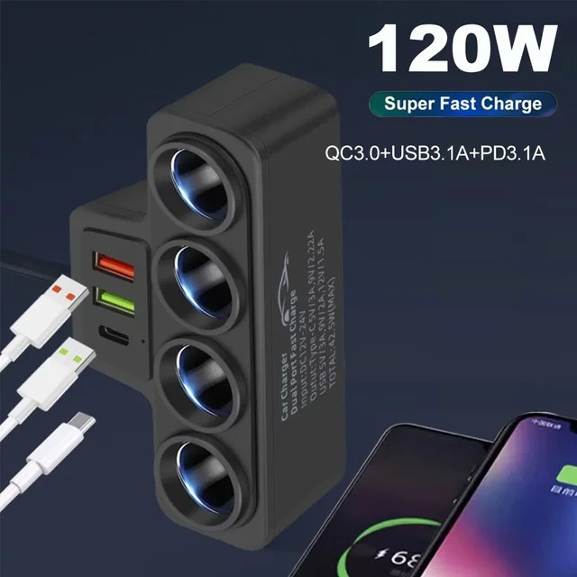 kebidumei 7-in-1 USB Typ C Auto Zigarettenanzünder Splitter 120 W Schnellladegerät in Schwarz für Dashcam und GPS - Bild 1