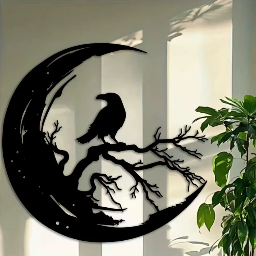 CIFBUY Raven Moon Metall-Wandkunst, gotische Aluminiumskulptur in Schwarz, Durchmesser: 40 cm - Bild 4