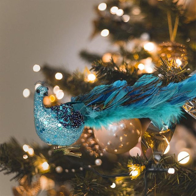 TOMTOP JMS Weihnachtsbaumschmuck 3D Pfau Anhänger in Blau mit künstlichen Federn - Bild 1