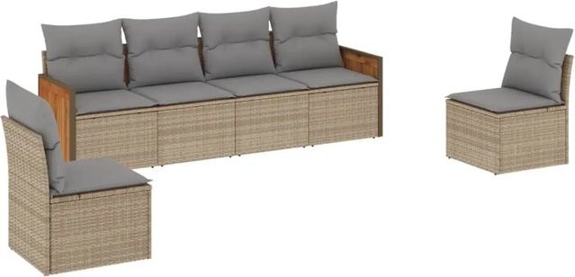 vidaXL 6-tlg Garten-Sofagarnitur aus Poly-Rattan und Akazienholz in Beige mit Sitzkissen und Stauraum - Bild 1