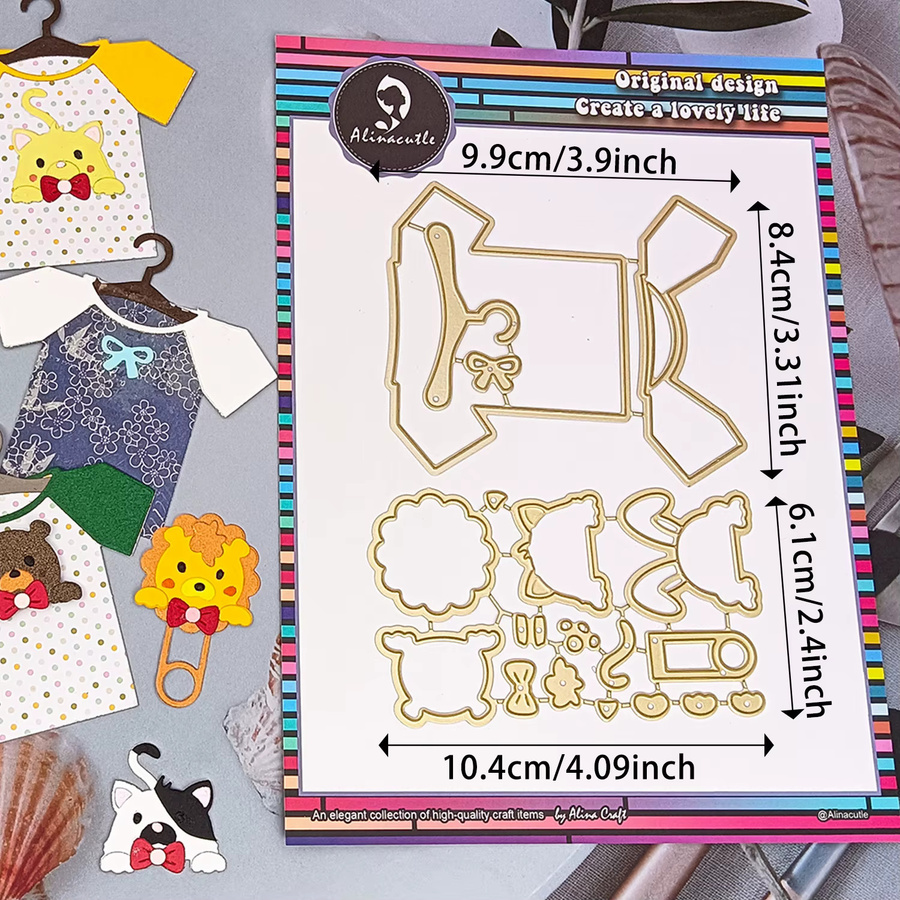 Alinacutle Metall Stanzformen Baby T-Shirt und Tier Motive Bär Katze in Gold für DIY Scrapbooking und Bastelarbeiten - Bild 2