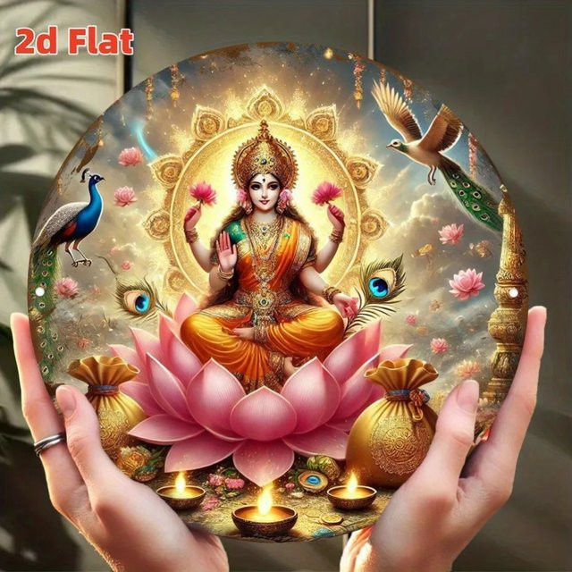 HELLOYOUNG Lakshmi Göttin Wandkunst Rund mit Lotus-, Pfauen- und Vogelmotiven in Multicolour, Durchmesser: 20 cm - Bild 1
