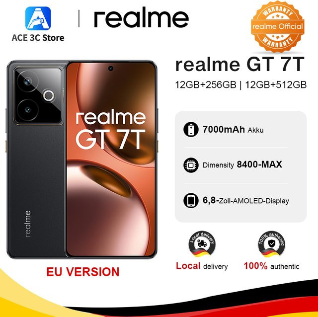 realme GT 7T 5G AI-Smartphone Europäische Version mit 6,8 Zoll AMOLED-Display, MTK Dimensity 8400 und 7000-mAh-Akku in Gelb - Bild 1