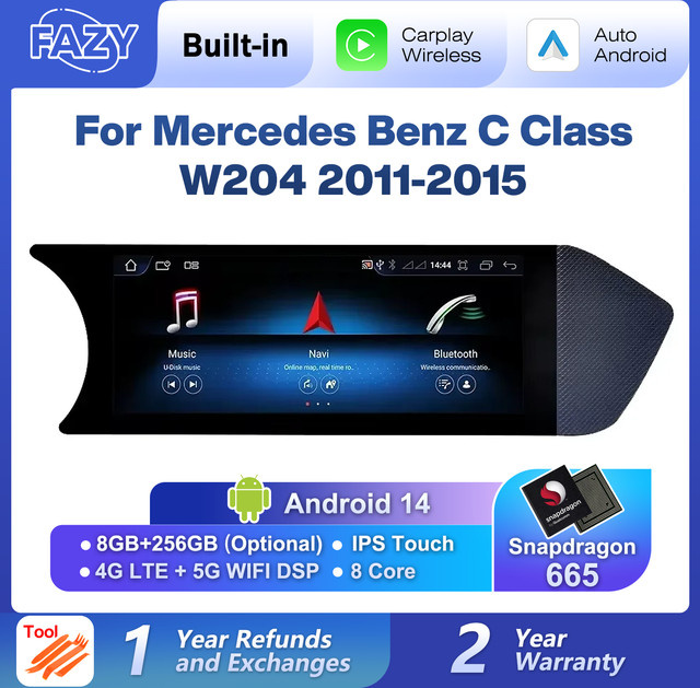 FAZY Android 14 Autoradio mit Carplay und Touchscreen für Mercedes C-Klasse W204 2011-2015 in Schwarz mit WIFI, GPS und SIM-Funktion - Bild 1