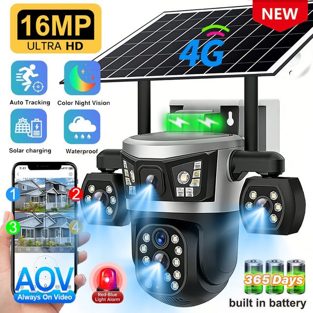 AOV Solarbetriebene 16MP 4G Kamera mit 4 Objektiven und CCTV-Monitor, Wasserdicht, Akku, 24-Stunden-Aufnahme, V380 - Bild 1