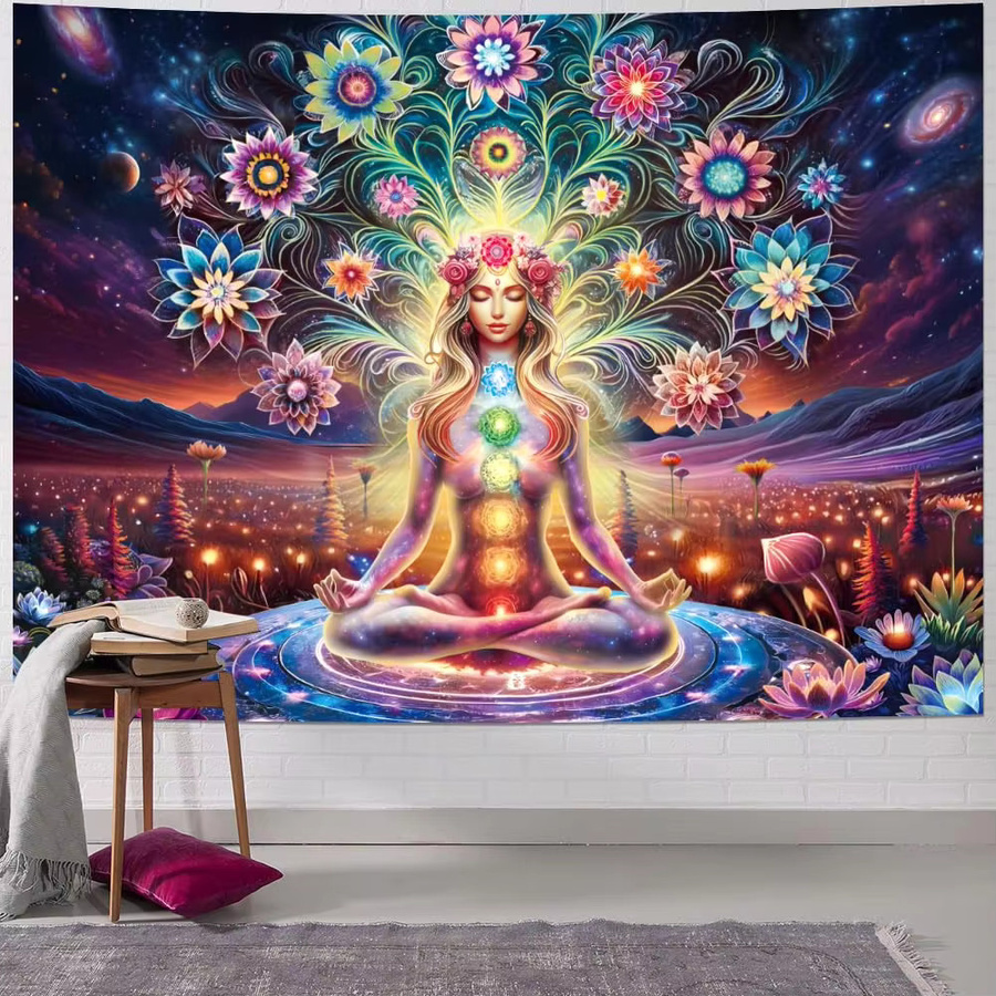 VIKAMA 7 Chakra Meditations-Göttin Wandteppich, Schwarzlicht-reaktiver Boho Wandbehang in Schwarz und Multicolour für Yoga-Studio und Wohnzimmer - Bild 3