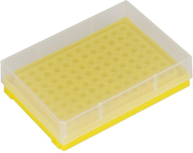 Gelbes Zentrifugen-Reagenzglasgestell aus Kunststoff mit 96 Fächern für 0,2 ml Zentrifugenröhrchen für das Schullabor - Bild 1