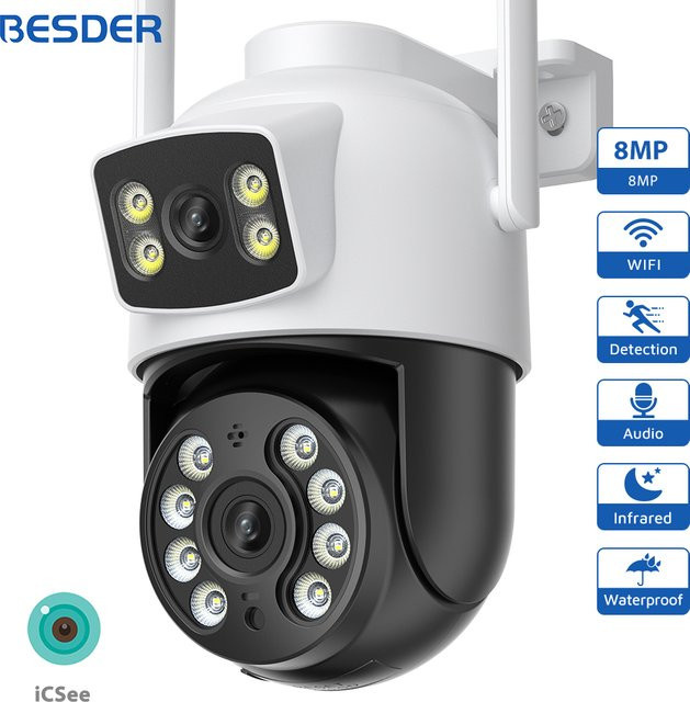 BESDER 8MP PTZ WiFi Outdoor Überwachungskamera mit Dual-Bildschirm, Menschliche Erkennung und Nachtsicht, IP Kamera in Weiß - Bild 1