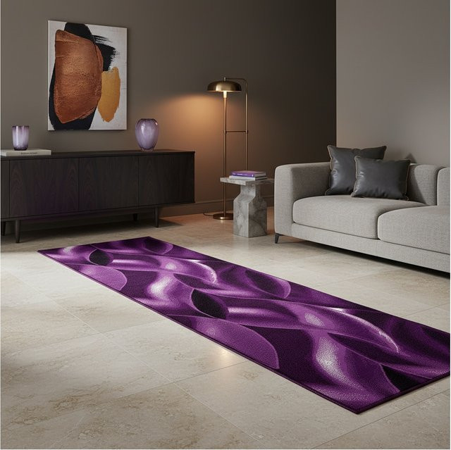 Kadima Design Kurzflor Teppich INN in Violett mit abstraktem Wellenmuster, Breite: 80 cm, Länge: 300 cm - Bild 1