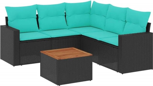 vidaXL 6-teilige Garten-Sofagarnitur aus Poly-Rattan und Akazienholz in Schwarz mit Kissen - Bild 1