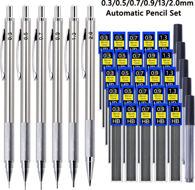 MROOFUL 7-teiliges Set Metall-Druckbleistifte mit Minen in Silber, rutschfeste Automatikbleistifte für Schule und Schreibbedarf (0,5/0,7/0,9/1,3/2,0 mm) - Bild 1