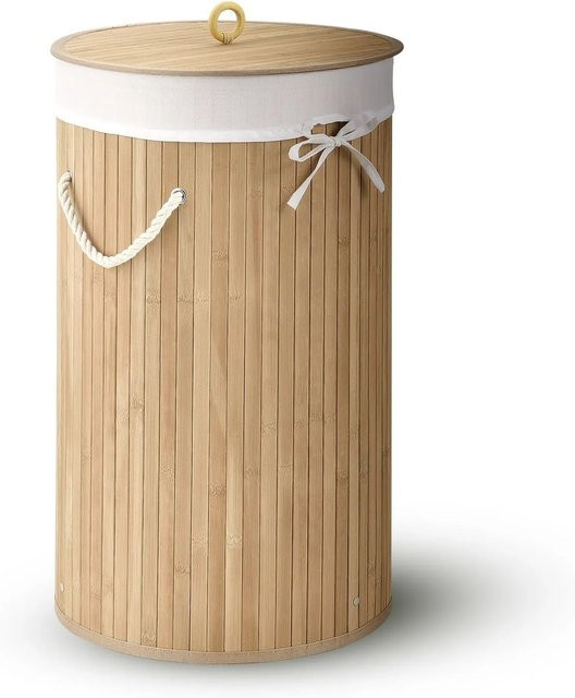 Juskys Bambus Wäschekorb Curly Round Natur mit Wäschesack und Tragegriffen, Farbe: Beige/Weiß/Mehrfarbig, B/T/H: 35,0 x 55,0 x 60,0 cm - Bild 1
