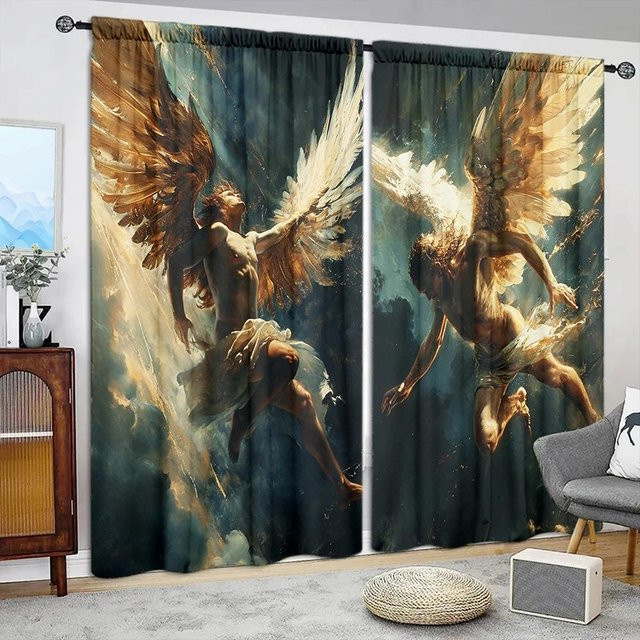 2er-Set bedruckte Vorhänge mit Engel-Motiv Descends, halbtransparent, mehrfarbig, Breite: 107 cm, Höhe: 213 cm - Bild 1