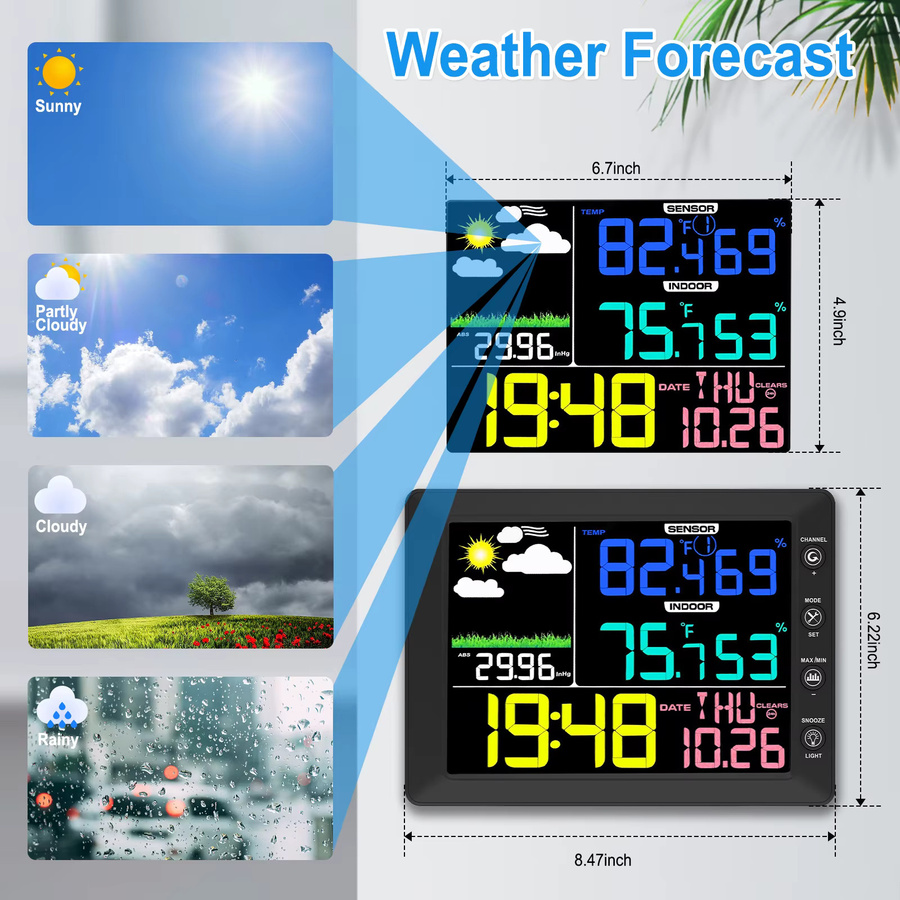 Urageuxy Digitale Wetterstation 2025 mit 8,3 Zoll Farb-Touchscreen, kabelloses Thermometer mit 3-in-1-Sensor für Innen und Außen sowie Taupunktmonitor, Schwarz - Bild 4