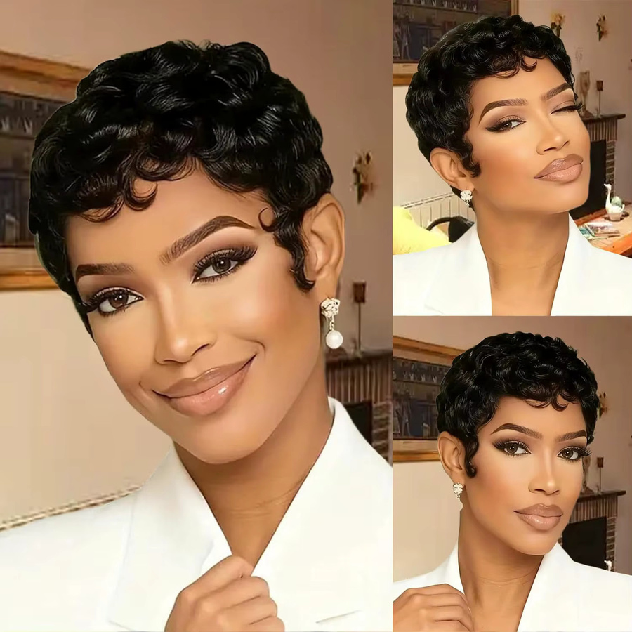 UVEOUS Pixie-Cut-Perücke, Echthaar, kurz, lockig, schwarz, Damen - Bild 4