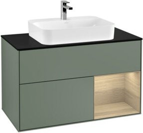 V&B Waschtischunterschrank Finion 100 Wandmontage mit LED-Beleuchtung und Regalelement in Eiche Lackiert, Breite: 100 cm - Bild 1