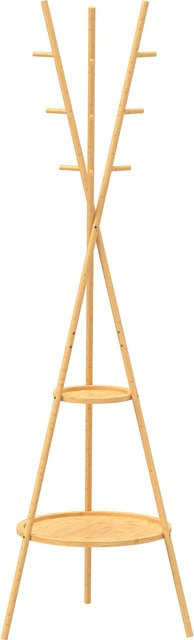 HOMCOM Moderner Garderobenständer aus Bambus mit 2 Regalböden und 9 Haken in Natur/Beige - Bild 1