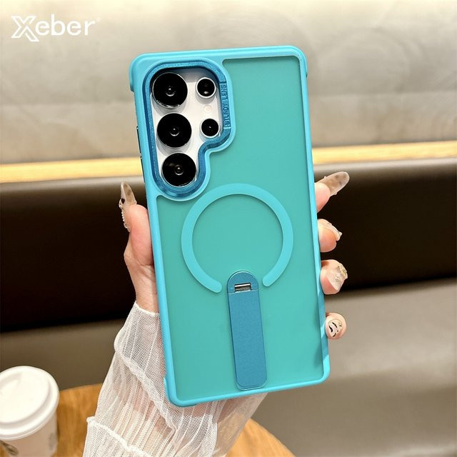 Xeber Magnetische MagSafe Hülle für Samsung S26 Ultra, S25 und S24 Plus Ultra mit Metallständer und matter Oberfläche in Transparent/Blau - Bild 1