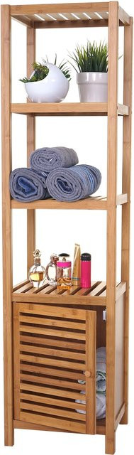 MCW Badregal MCW-B18 aus Bambus in Braun, Badezimmer Standregal mit Tür und Regalfächern, B/T/H: 140 x 36 x 34 cm - Bild 1