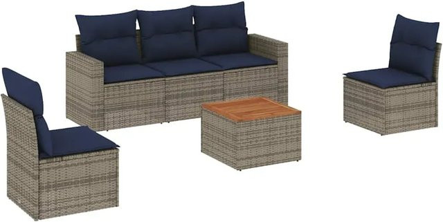 vidaXL 6-teilige Garten-Sofagarnitur aus Poly-Rattan und Akazienholz in Grau mit Kissen - Bild 1