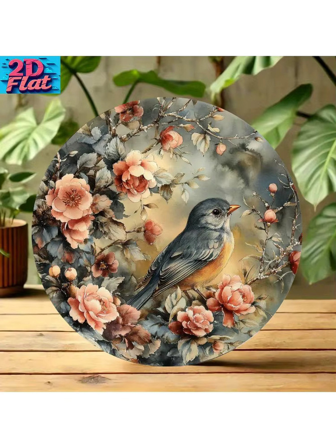 Potdemiel Vintage Wanddekoration aus Metall mit Blumen und Vögeln, Rund, Grau, Rosa und Beige, Durchmesser: 20 cm - Bild 4