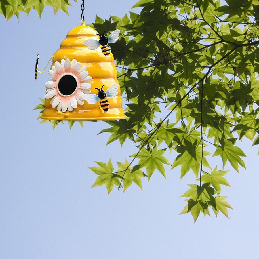 CosyHome Bienenkorb Vogelhaus aus Metall in Gelb für den Garten zum Aufhängen - Bild 3
