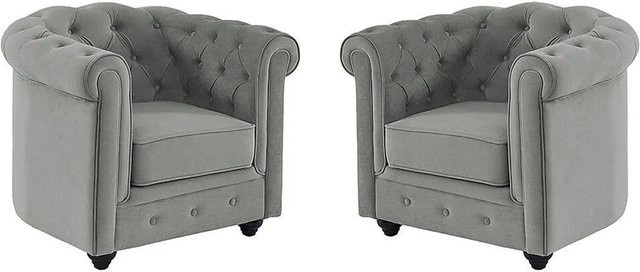 Vente-unique Chesterfield Sessel mit gerader Rückenlehne aus Samt in Lichtgrau, Höhe: 82 cm - Bild 1
