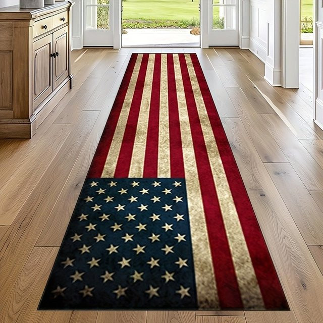 VIKAMA Vintage-Läufer-Teppich mit USA-Flaggen-Design, rutschfest und waschbar, Flurteppich in Rot, Weiß und Blau - Bild 1