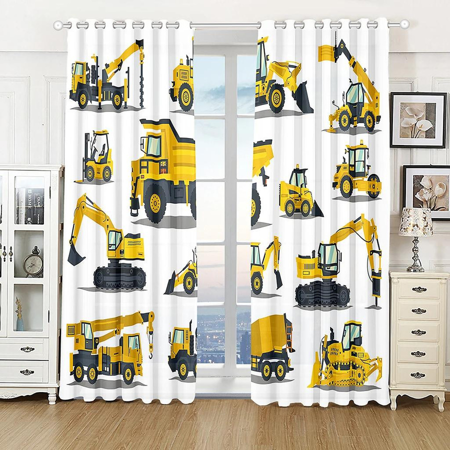 2er-Set Bauernhof Kindergardinen mit 3D-Cartoon-Motiven Traktor LKW Bagger und Bulldozer, halbtransparent, Mehrfarbig, Breite: 50 cm, Höhe: 130 cm - Bild 1