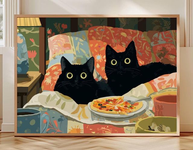 SHENCHEN Wanddekoration Cottagecore Katzenkunstdruck mit zwei schwarzen Katzen und Blumenmuster im Retro-Stil - Bild 1