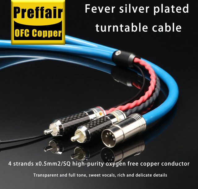 Preffair HiFi Phono-Tonarmkabel mit 5-Pin DIN XLR zu 2RCA Anschlüssen, versilbertes OFC-Material, Erdungsdraht und Kohlefaser-Abschirmstecker in Silber und Blau - Bild 1