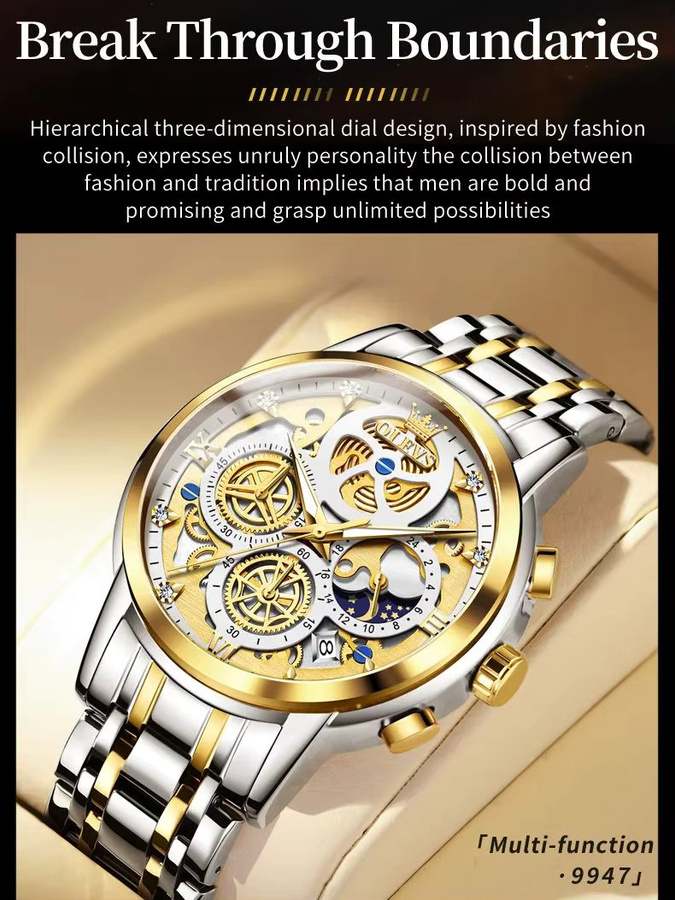 OLEVS Armbanduhr Chronograph, Mondphase, Quarz, Gold, Edelstahl, Herren - Bild 7