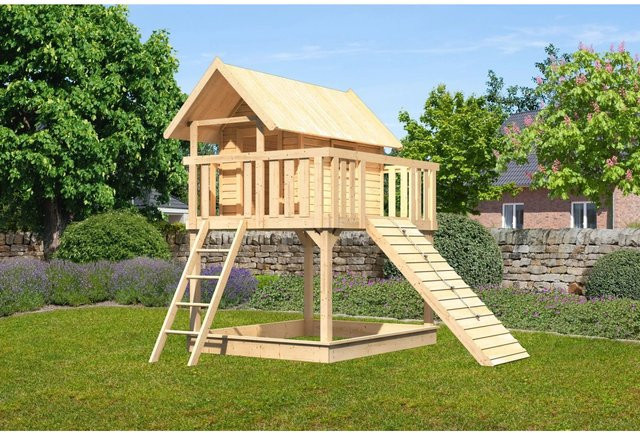 Karibu Stelzenhaus Fidel Holzrampe in Natur-Braun, B/H/T: 198 x 329,5 x 243 cm - Bild 1