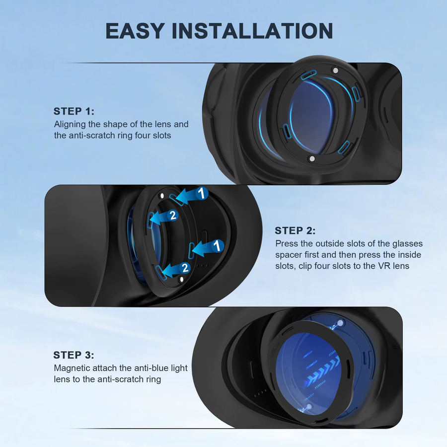 DEVASO Blaulichtfilter-Brille für Meta Quest 3 inklusive Antibeschlag-Tuch und Linsenschutz-Set sowie VR-Brillen-Abstandshalter für Oculus Quest 3 - Bild 4