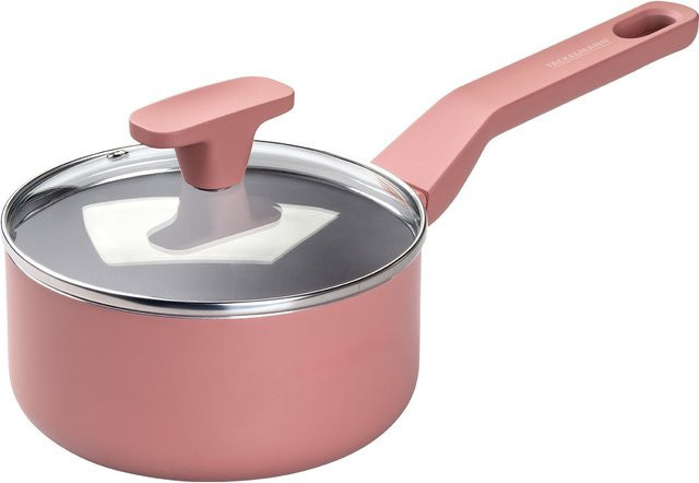 Fackelmann Stielkasserolle Blossom Harmony mit Glasdeckel aus Keramik und Aluminium, Durchmesser: 16 cm, Farben: Rot, Beige, Pink - Bild 1