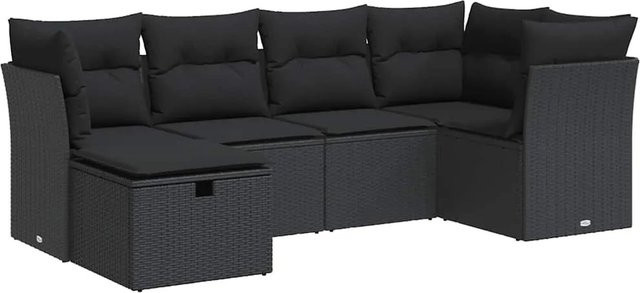 vidaXL 6-teilige Garten-Sofagarnitur in L-Form aus schwarzem Poly-Rattan mit Sitzkissen und Stauraum - Bild 1