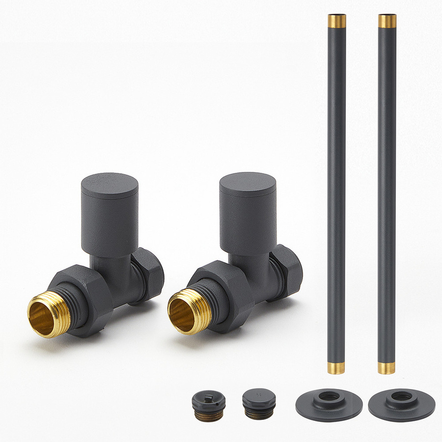 Hudson Reed Heizkörper-Ventilset Durchgang in Anthrazit Matt mit Rohrstücken für 15mm Kupferrohre und 1/2 Zoll Anschlüssen - Bild 1
