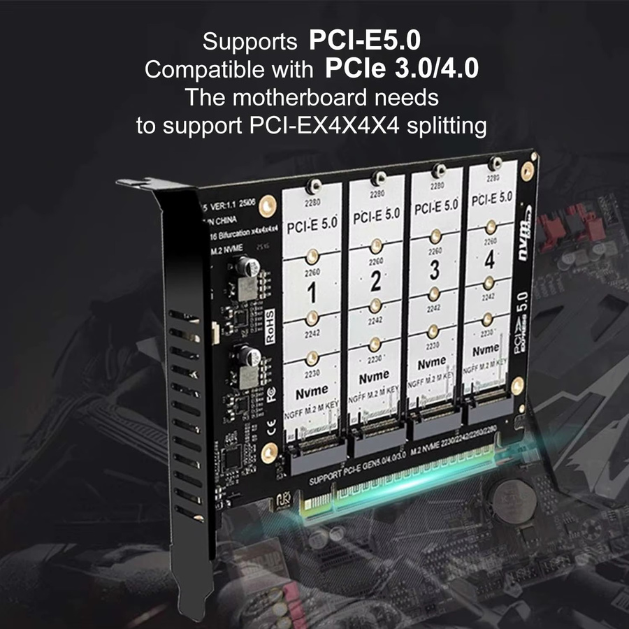 T.F.SKYWINDINTL PCIe 5.0 4-Port NVMe Erweiterungskarte, M.2 M-Key SSD Adapterkarte in Schwarz, unterstützt PCIe 3.0/4.0/5.0 Bifurkation - Bild 4