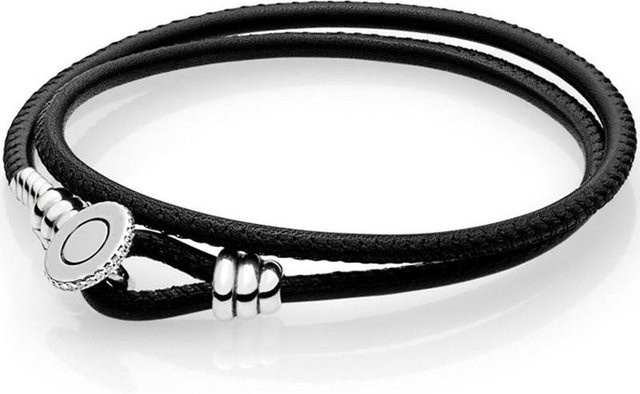 POMOiii Armband, 925 Silber, Leder, Perlen-Charm, 41 cm, Damen, schwarz - Bild 1