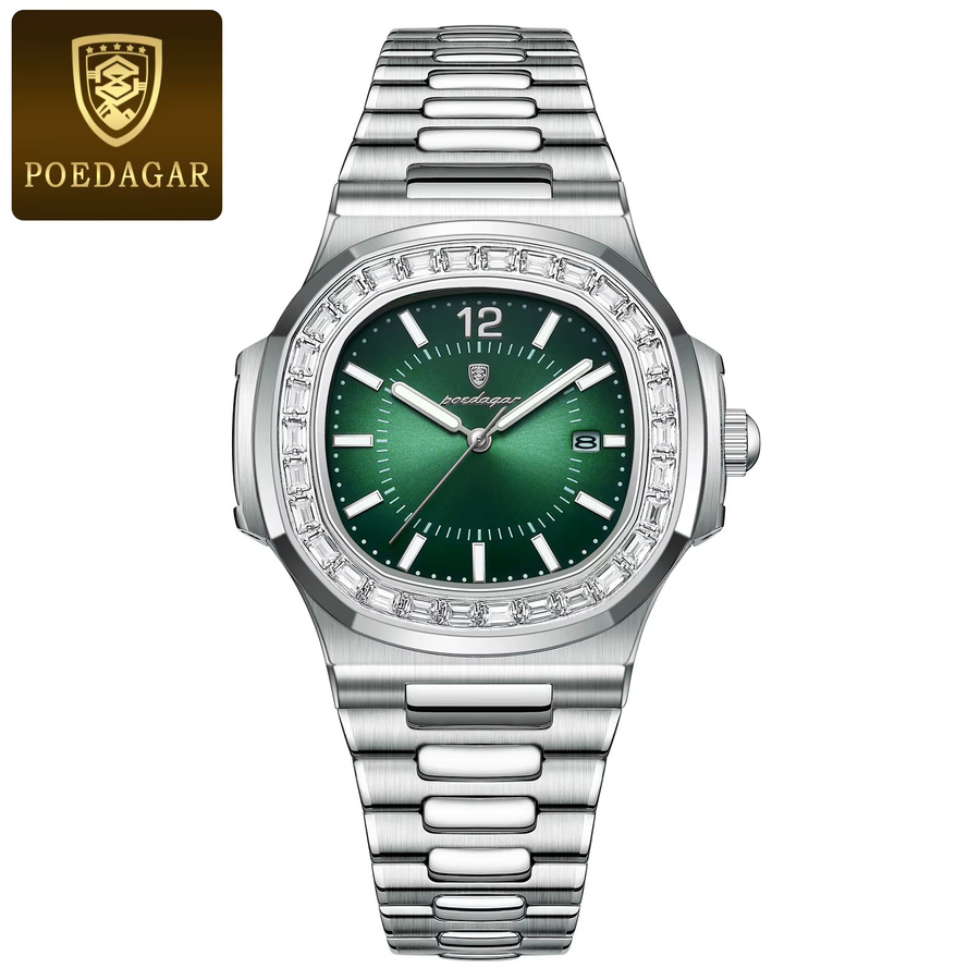 POEDAGAR Armbanduhr, Quarz, Edelstahl, Eckig, Silber Green, Herren - Bild 7