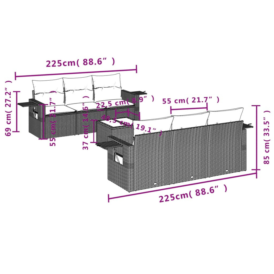 vidaXL 7-teilige Garten-Sitzgruppe aus Polyrattan in Braun mit Kissen und Metallgestell - Bild 3