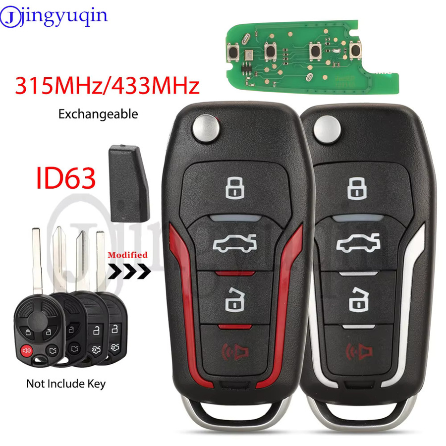 Jingyuqin Modifizierter Fernschlüssel für Ford Escape Focus C-Max Transit F250 F350 F450 F550 315/433MHz 4D63 in Rot und Schwarz - Bild 1