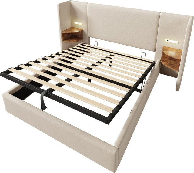 Merax Polsterbett mit integriertem Nachttisch, USB-C Anschluss und Leselampe in Beige, B/T/H: 160 x 200 x 213 cm - Bild 1