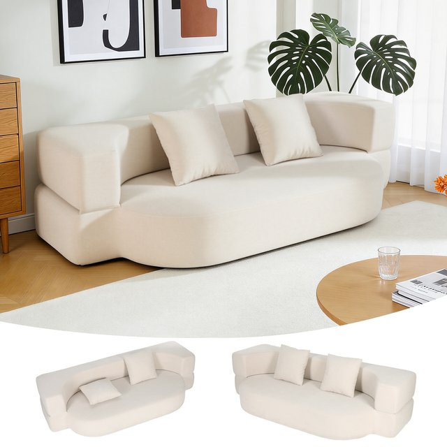OYAJIA Klappbares rahmenloses Schlafsofa als Zweisitzer mit 2 Kissen, umwandelbare Bodenmatte für Wohnzimmer und Schlafzimmer, gebrochenes Weiß/Grau - Bild 1