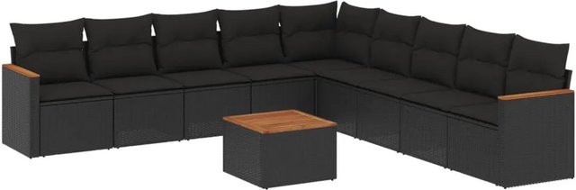 vidaXL 10-teilige Garten-Sofagarnitur aus Poly-Rattan und Akazienholz in Schwarz mit Kissen - Bild 1