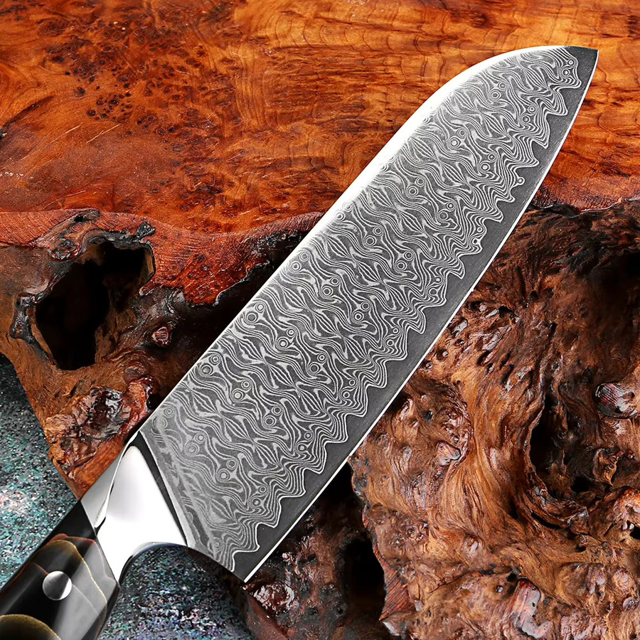 Xituo Santoku Kochmesser aus japanischem Damaststahl mit Kupfer-Platin-Harz Griff, 17,78 cm, Mehrfarbig - Bild 4