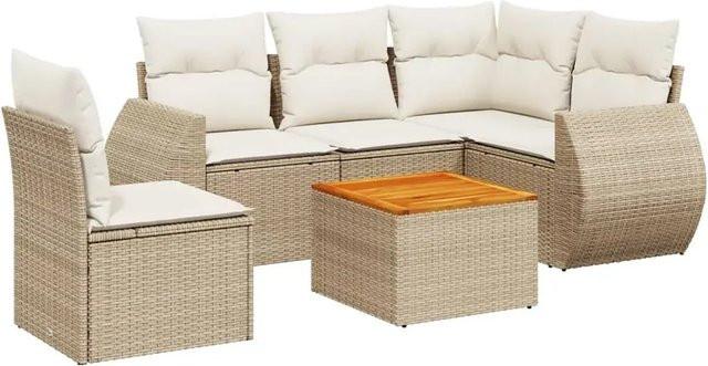 vidaXL 6-teilige Garten-Sofagarnitur aus Poly-Rattan und Akazienholz in Beige und Cremeweiß mit Kissen - Bild 1